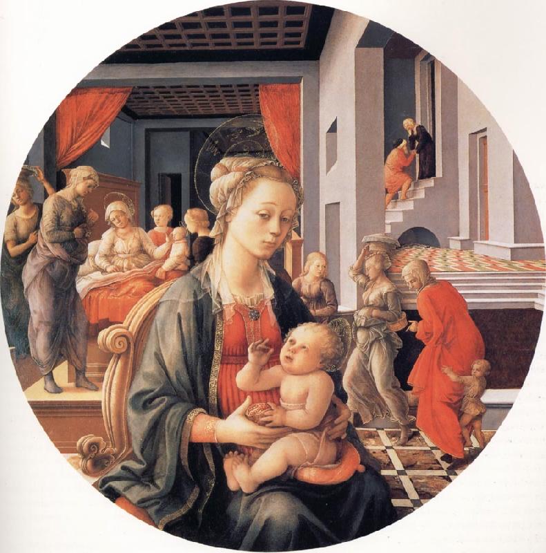 Fra Filippo Lippi The Madonna and Child with the Birth of the Virgin and the Meeting of Joachim and Anna Sweden oil painting art